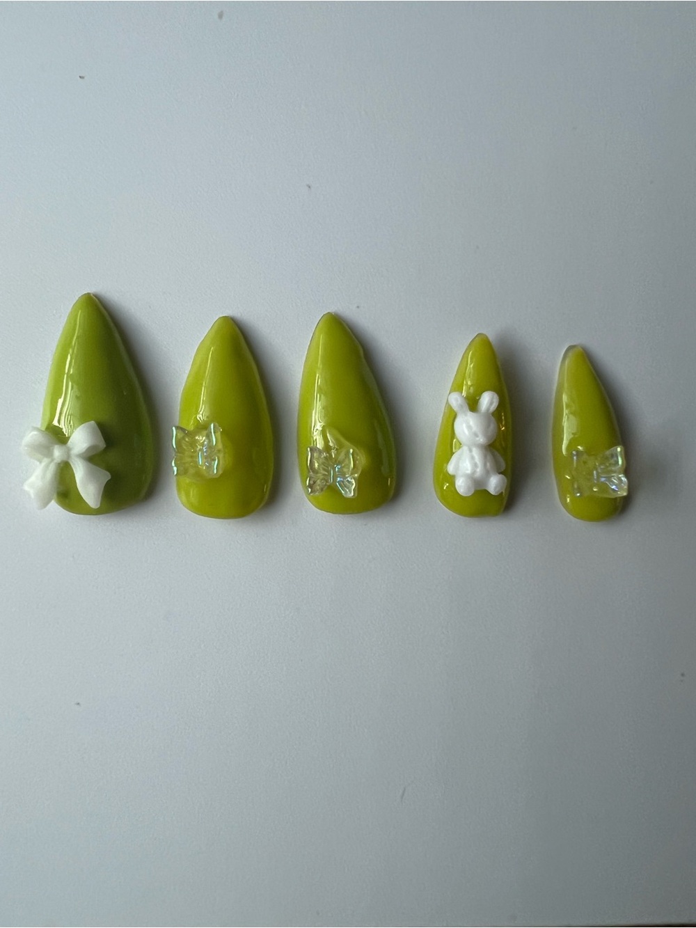 Lime Green Press-On Nail Set with 3D Bow & Bunny Accents